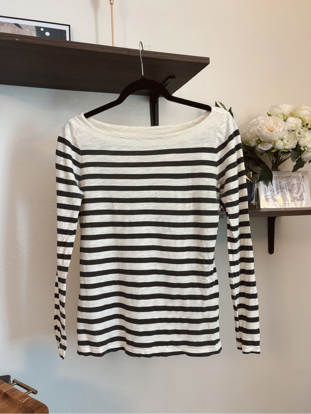 LOFT Black & Cream Striped Long Sleeve Tee